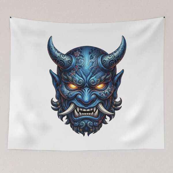Item preview, Frozen Blue Oni Mask - Japanese Yokai Demon Tattoo Art designed and sold by vekotpu.