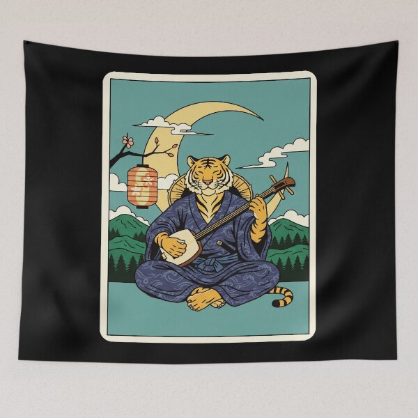 Item preview, Tiger Playing Shamisen Japanese Moon  designed and sold by JordynLadukeg65.