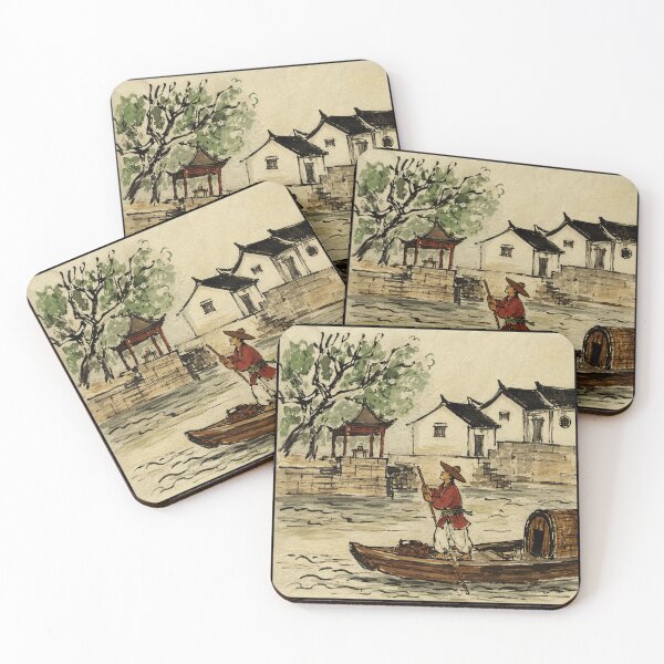 Item preview, Vintage River Boat Painting Rustic Asian Landscape designed and sold by eliramaison.