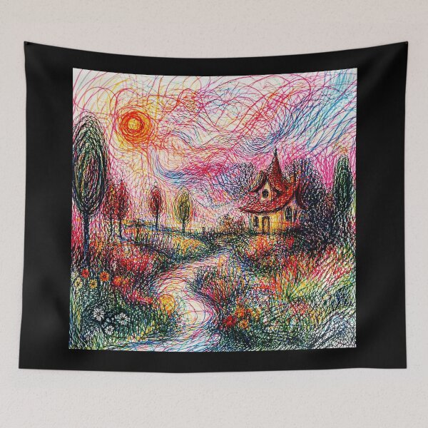 Item preview, Whimsical Scribble Landscape Cottage  designed and sold by Modaozushi216.