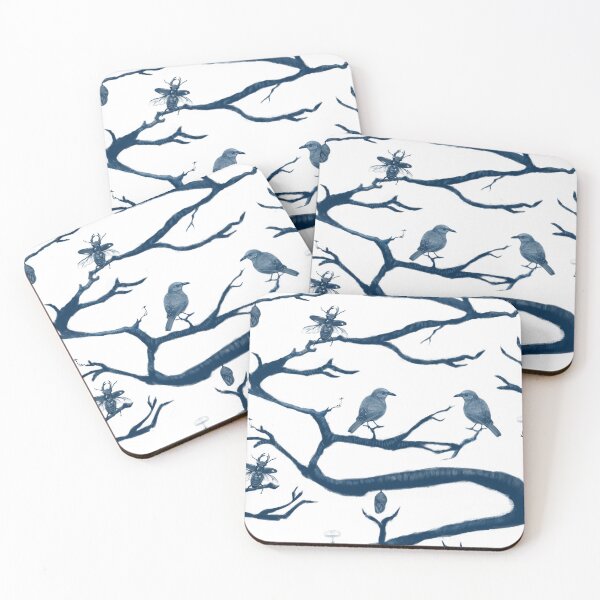 Item preview, Blue Chinoiserie Botanical Sketch - Bird, Cocoon, and Insects Toile Seamless Pattern designed and sold by Niji Hibana.