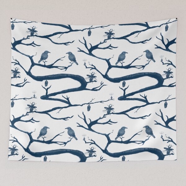 Item preview, Blue Chinoiserie Botanical Sketch - Bird, Cocoon, and Insects Toile Seamless Pattern designed and sold by Niji Hibana.