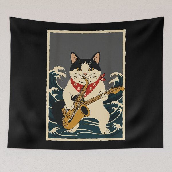 Item preview, Saxophone Cat Japanese Wave Poster designed and sold by JordynLadukeg65.