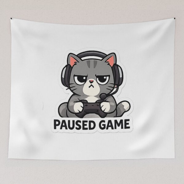 Item preview, Paused Game Funny Gamer Cat Sticker Design designed and sold by Artbysarmina.