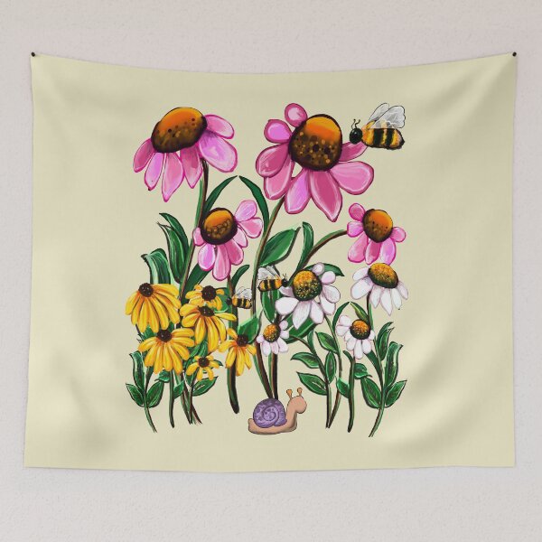 Item preview, Flower Garden in Summer - English Cottage Garden Flowers in bloom with honey bees and snail designed and sold by Artonmytee.