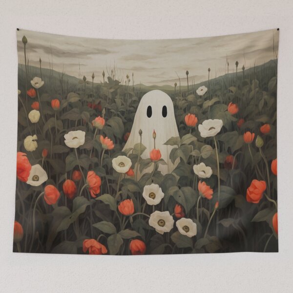 Item preview, Whimsical Halloween Ghost in Poppy Field designed and sold by AtlantiqArt.