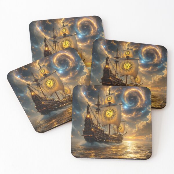 Item preview, Golden Celestial Pirate Ship Fantasy Ocean Wall Art designed and sold by DreamyWallVibes.