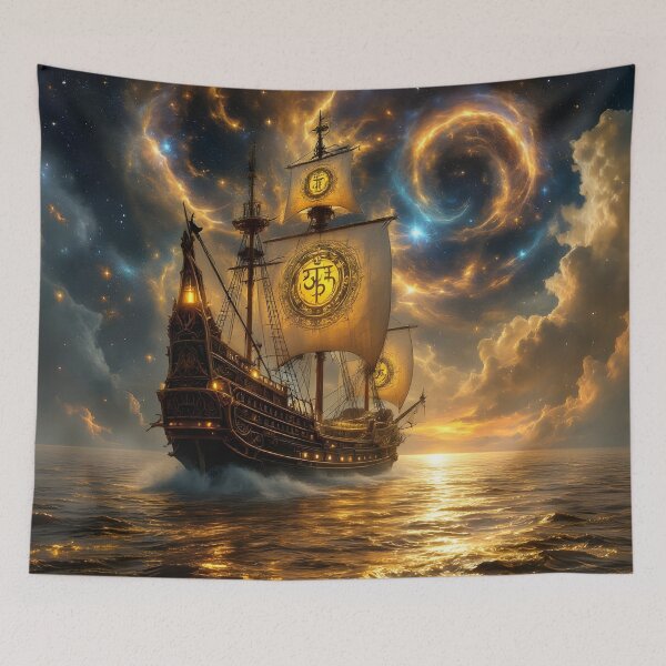 Item preview, Golden Celestial Pirate Ship Fantasy Ocean Wall Art designed and sold by DreamyWallVibes.