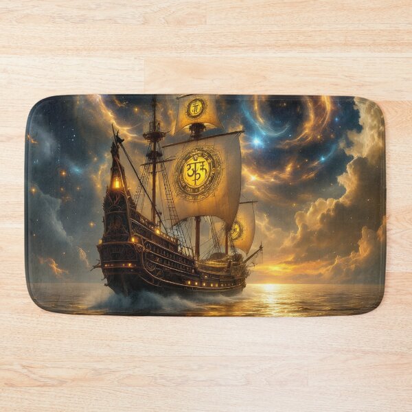 Item preview, Golden Celestial Pirate Ship Fantasy Ocean Wall Art designed and sold by DreamyWallVibes.