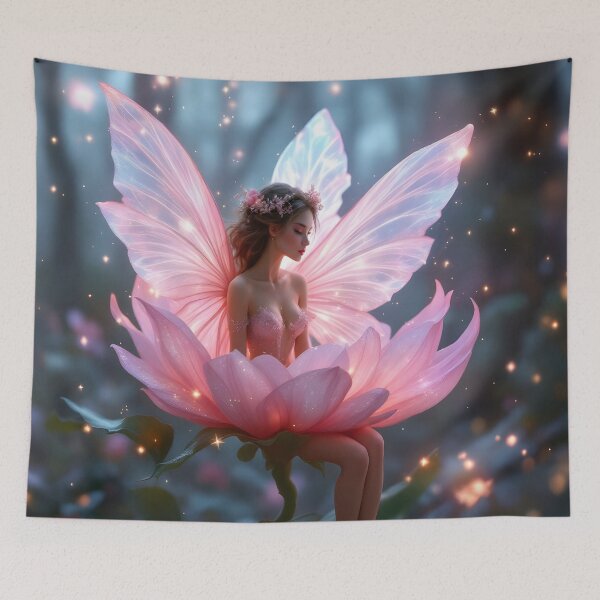 Item preview, Enchanting Pink Fairy Sitting on Flower Fantasy Art designed and sold by DreamyWallVibes.
