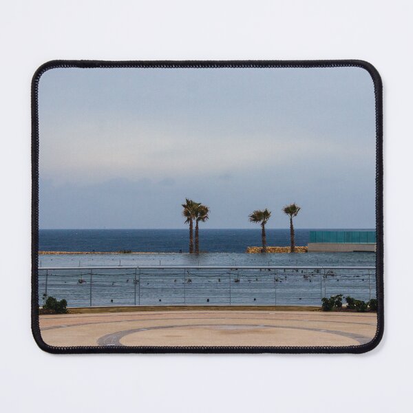 Item preview, Empty Coastal Promenade With Palm Trees Overlooking Ocean and Calm Waterfront on Cloudy Day designed and sold by Nmallia.