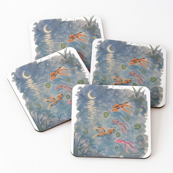 Item preview, Koi Fish Pond by Moonlight — Hand-Drawn Watercolour Japanese Art Print designed and sold by IntertwineCo.
