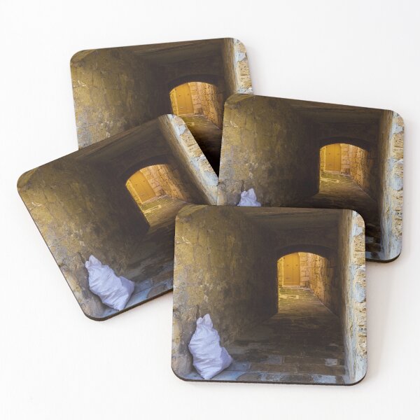 Item preview, Narrow Stone Alleyway With Arched Passage and Yellow Doorway Evoking Mystery and Solitude designed and sold by Nmallia.