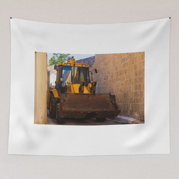 Item preview, Backhoe Loader Parked In Narrow Alley Between Old Stone Walls On Urban Construction Site designed and sold by Nmallia.