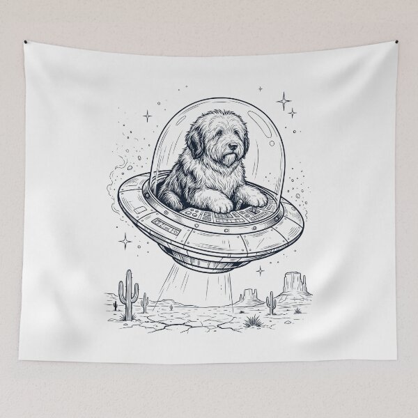 Artikelvorschau, Vintage Old English Sheepdog reitet UFO Hundemama Papa Liebhaber entworfen und verkauft von DoodleTortle.