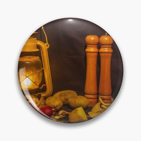 Item preview, Rustic Still Life With Lantern, Potatoes, Red Onions and Wooden Pepper Mills in Warm Light designed and sold by Nmallia.