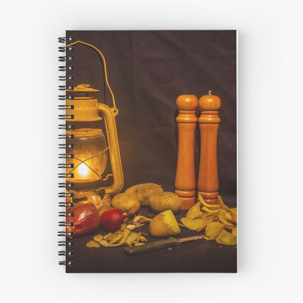 Item preview, Rustic Still Life With Lantern, Potatoes, Red Onions and Wooden Pepper Mills in Warm Light designed and sold by Nmallia.