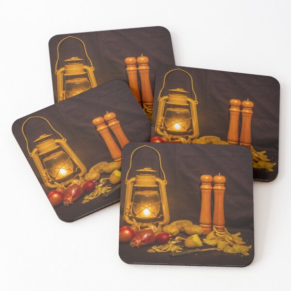 Item preview, Rustic Still Life With Lantern, Potatoes, Red Onions and Wooden Pepper Mills in Warm Light designed and sold by Nmallia.