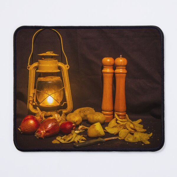 Item preview, Rustic Still Life With Lantern, Potatoes, Red Onions and Wooden Pepper Mills in Warm Light designed and sold by Nmallia.