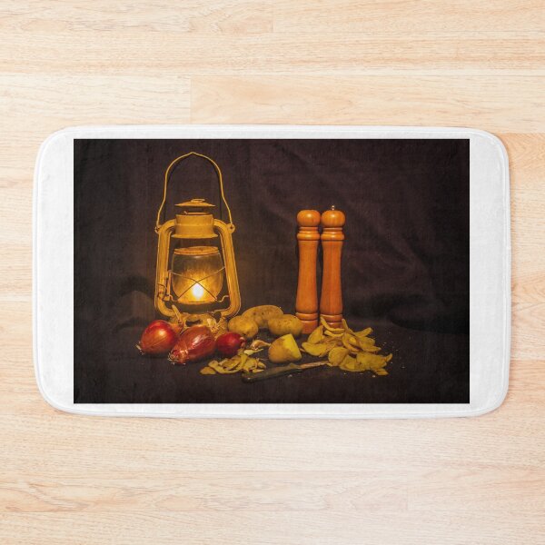 Item preview, Rustic Still Life With Lantern, Potatoes, Red Onions and Wooden Pepper Mills in Warm Light designed and sold by Nmallia.