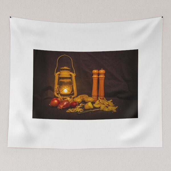 Item preview, Rustic Still Life With Lantern, Potatoes, Red Onions and Wooden Pepper Mills in Warm Light designed and sold by Nmallia.