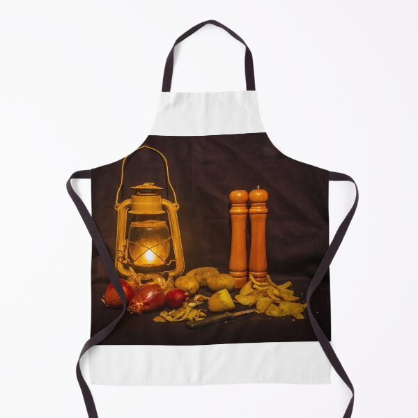 Item preview, Rustic Still Life With Lantern, Potatoes, Red Onions and Wooden Pepper Mills in Warm Light designed and sold by Nmallia.
