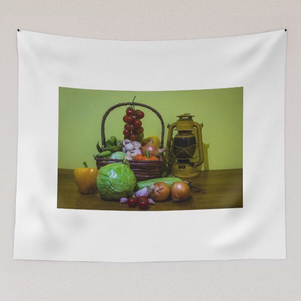 Item preview, Basket Of Fresh Vegetables And Rustic Lantern Still Life With Tomatoes, Cabbage, Onions designed and sold by Nmallia.
