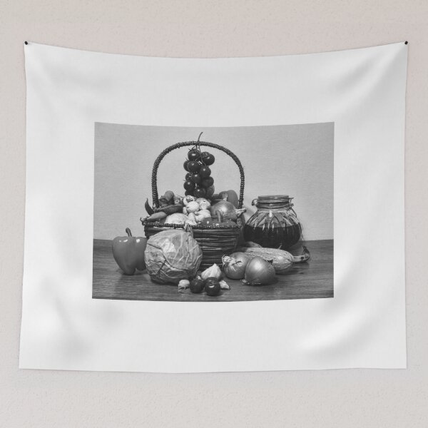 Item preview, Rustic Still Life of Fresh Vegetables in a Basket With Jar and Cabbage on Wooden Table designed and sold by Nmallia.