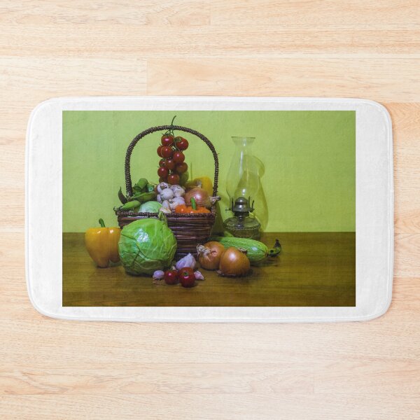 Item preview, Rustic Still Life Basket Of Fresh Vegetables With Vintage Oil Lamp On Wooden Table designed and sold by Nmallia.