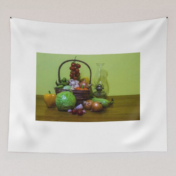 Item preview, Rustic Still Life Basket Of Fresh Vegetables With Vintage Oil Lamp On Wooden Table designed and sold by Nmallia.