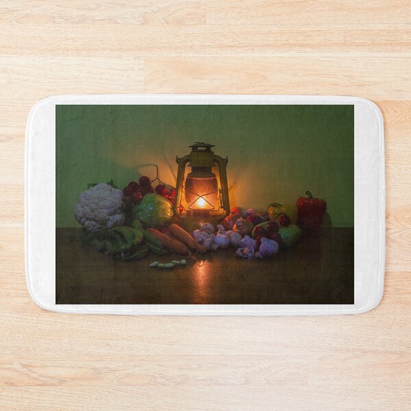 Item preview, Rustic Lantern and Fresh Vegetables Still Life on a Wooden Table With Warm Candlelight Glow designed and sold by Nmallia.