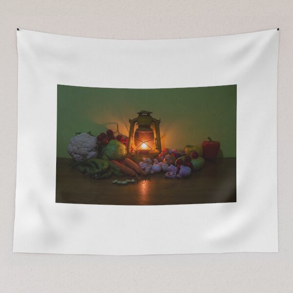 Item preview, Rustic Lantern and Fresh Vegetables Still Life on a Wooden Table With Warm Candlelight Glow designed and sold by Nmallia.