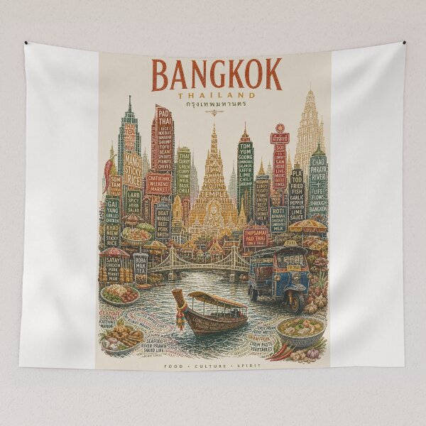 Item preview, Bangkok Thailand Wat Arun Chao Phraya River Pad Thai Street Food Skyline designed and sold by Places On Earth.