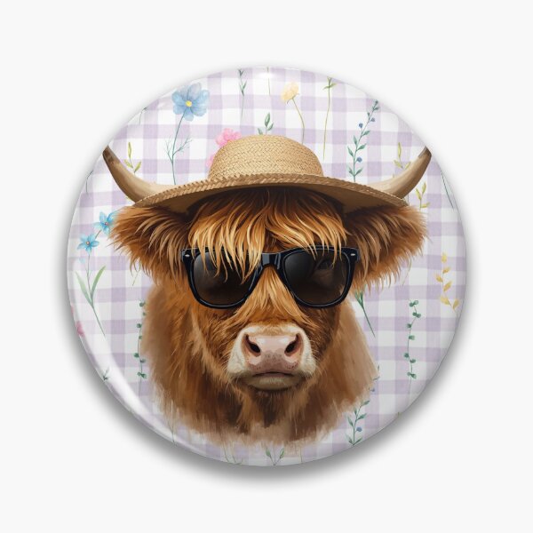Item preview, Highland Cow Wearing a Straw Hat and Sunglasses with a Flower Gingham Background designed and sold by Soulstar Designs.