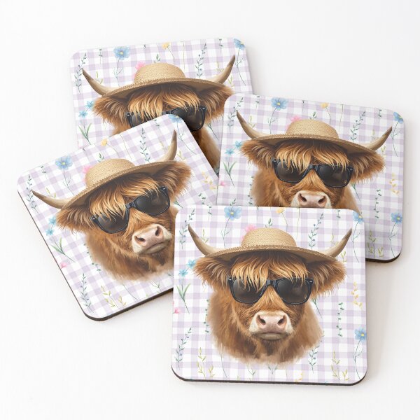 Item preview, Highland Cow Wearing a Straw Hat and Sunglasses with a Flower Gingham Background designed and sold by Soulstar Designs.