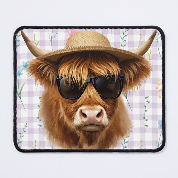 Item preview, Highland Cow Wearing a Straw Hat and Sunglasses with a Flower Gingham Background designed and sold by Soulstar Designs.