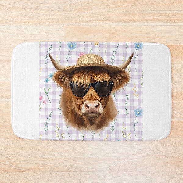 Item preview, Highland Cow Wearing a Straw Hat and Sunglasses with a Flower Gingham Background designed and sold by Soulstar Designs.