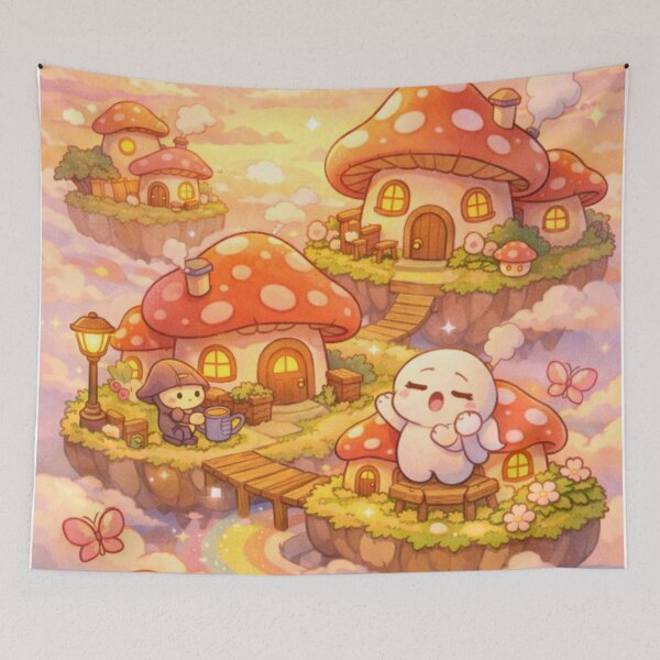 Item preview, Mushroom Village at Dawn | Chibi Fantasy Dreamscape designed and sold by LuxuryApparels.
