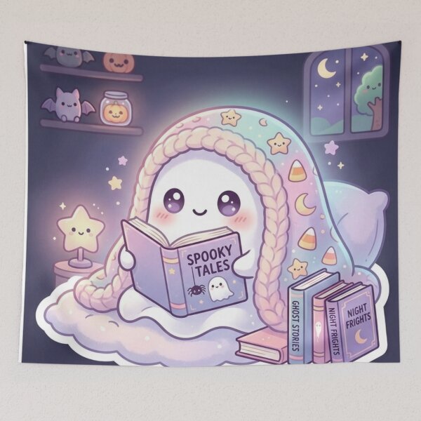 Item preview, Cozy Ghost Reading Scary Books – Kawaii Halloween Spooky Aesthetic Design designed and sold by SoftAuraStudi0.