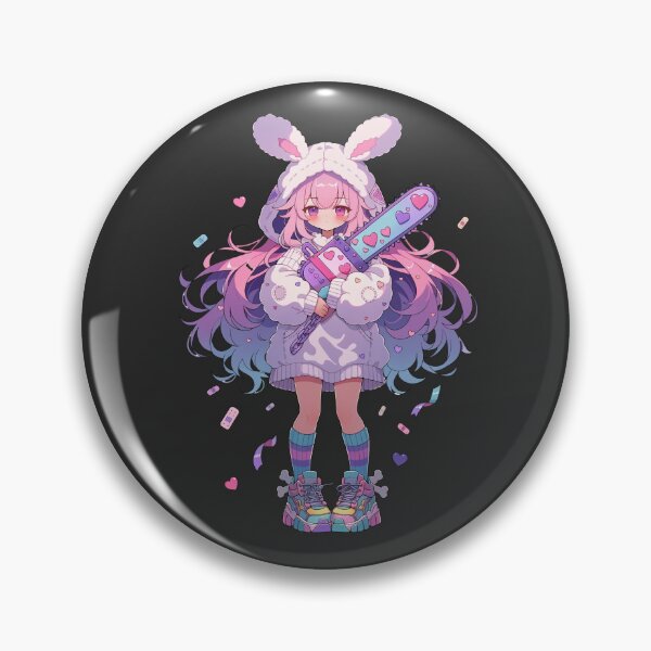 Artikelvorschau, Pastellfarbenes Hasenmädchen mit Kettensägenmotiv, Kawaii-Horror-Anime-Kunst entworfen und verkauft von HeyChickasClubX.