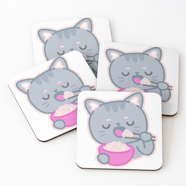 Item preview, Lindo gato gris comiendo un tazón de arroz (pegatina Kawaii) designed and sold by simranart111.