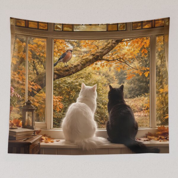 Item preview, Two Cats Watching Autumn Scene designed and sold by cuprum.