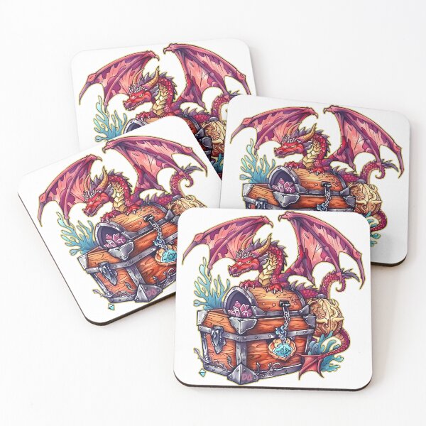 Item preview, Red Dragon Guarding Treasure Chest Epic Fantasy Crystal Illustration designed and sold by DesignArtist.ia.
