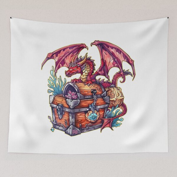 Item preview, Red Dragon Guarding Treasure Chest Epic Fantasy Crystal Illustration designed and sold by DesignArtist.ia.