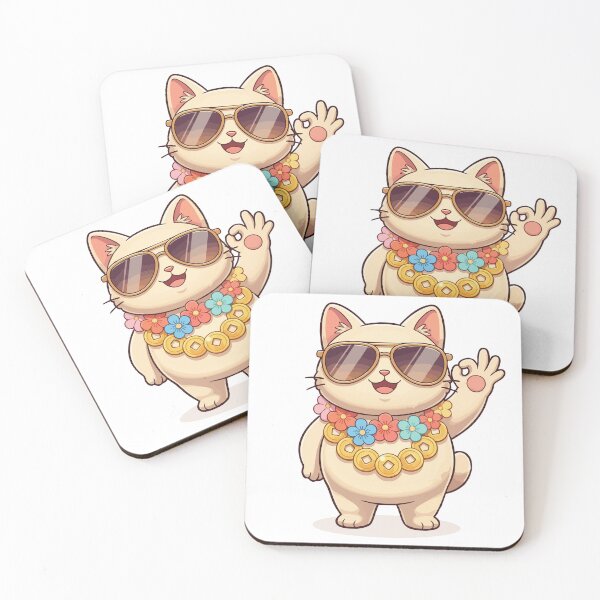 Item preview, Chill summer vibe hawaiian cat. Lucky kawaii cat OK gesture. Cool maneki neko lucky cat designed and sold by Painted Planet.