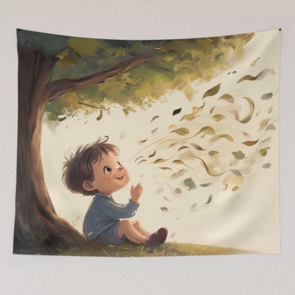 Item preview, Child Under the Tree With Falling Leaves designed and sold by digitalvibe4u.