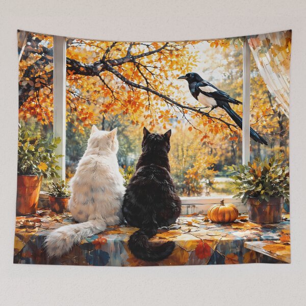 Item preview, Cats and Magpie in Autumn Window designed and sold by cuprum.