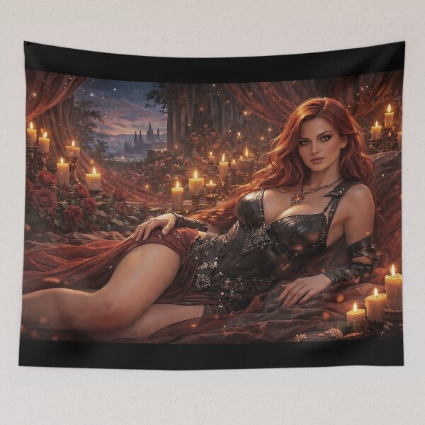 Item preview, Seductive Red-Haired Sorceress in Candlelight | Dark Fantasy Gothic Queen Art Print designed and sold by thor81pl.