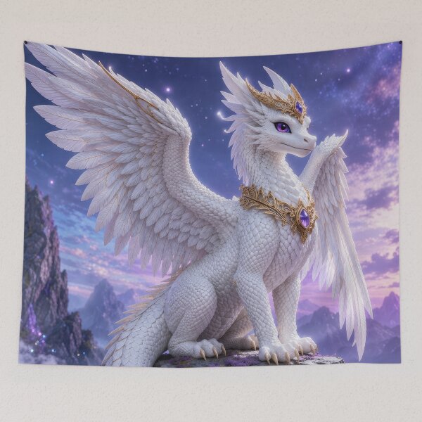 Item preview, White Dragon with Amethyst Jewels | Fantasy Winged Guardian Art designed and sold by DrakariArt.