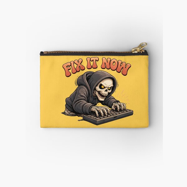 Artikelvorschau, „Fix It Now“-T-Shirt mit lustigem Skelett-Programmierer-Motiv | Grafik-T-Shirt mit Meme-Motiv für faule Programmierer entworfen und verkauft von Raw Tigers.